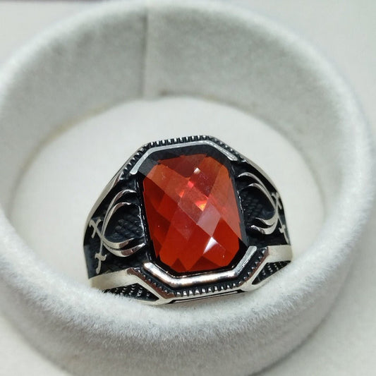 CUBAN Red Zircon Stone Silver Ring, Red Men Ring, Handmade Silver Ring, 925 Sterling Silver, Ottoman Style Ring, Gift for him, Mens Jewelry Silver - CUBAN