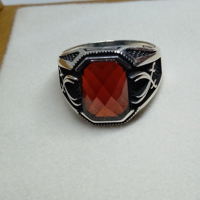 CUBAN Red Zircon Stone Silver Ring, Red Men Ring, Handmade Silver Ring, 925 Sterling Silver, Ottoman Style Ring, Gift for him, Mens Jewelry Silver - CUBAN