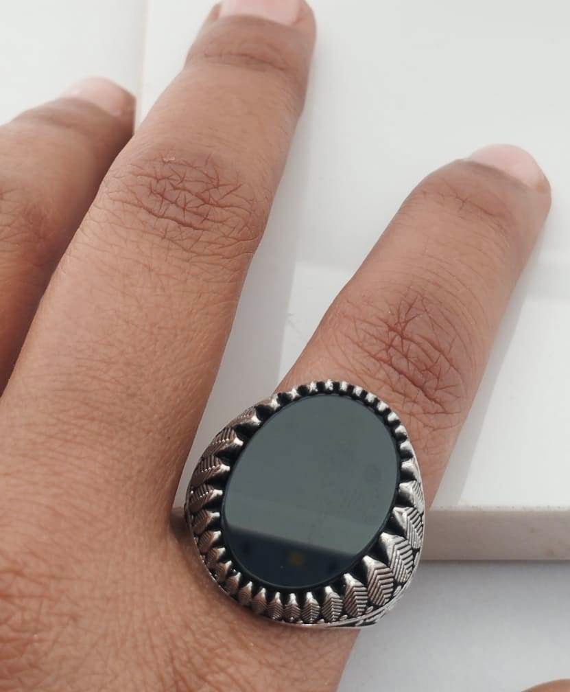 Cushion Black Onyx Victorian Ring for Men, Engraved Lily on Side Cool Ring for Husband, 925 Sterling Silver Ring, Minimalist Wedding Rings - CUBAN