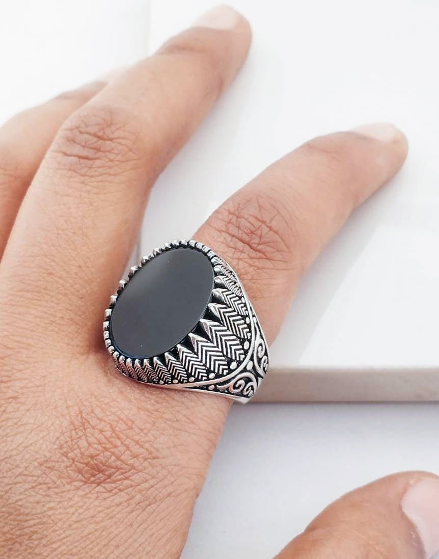 Cushion Black Onyx Victorian Ring for Men, Engraved Lily on Side Cool Ring for Husband, 925 Sterling Silver Ring, Minimalist Wedding Rings - CUBAN