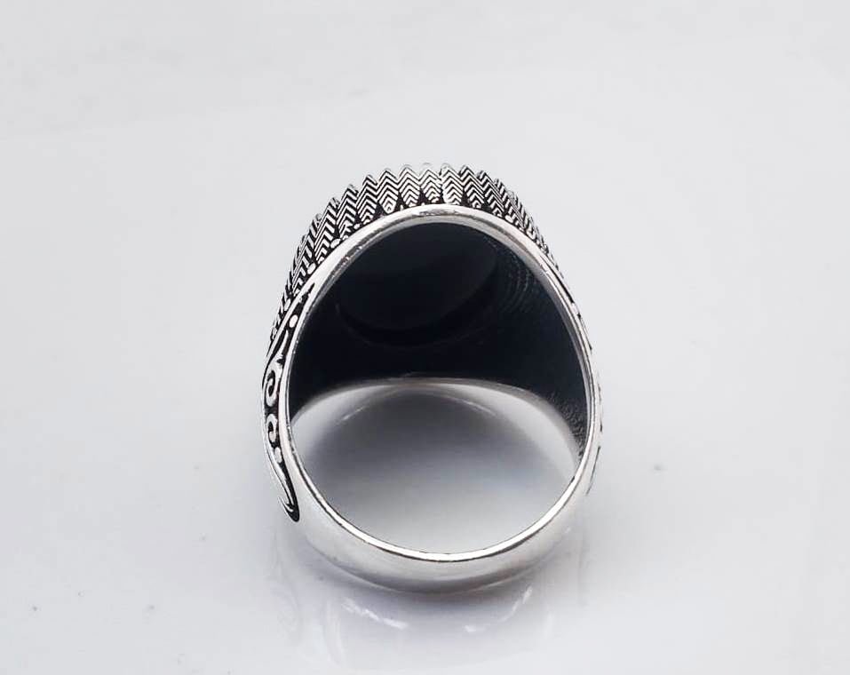 Cushion Black Onyx Victorian Ring for Men, Engraved Lily on Side Cool Ring for Husband, 925 Sterling Silver Ring, Minimalist Wedding Rings - CUBAN