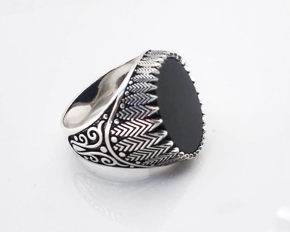 Cushion Black Onyx Victorian Ring for Men, Engraved Lily on Side Cool Ring for Husband, 925 Sterling Silver Ring, Minimalist Wedding Rings - CUBAN