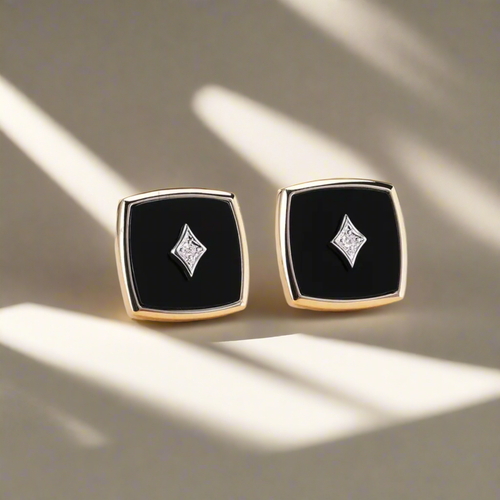 Mens 14k gold stud earrings black diamond cut