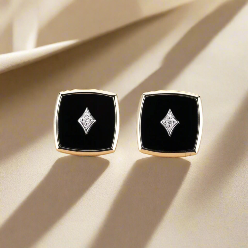 Mens 14k gold stud earrings black diamond cut