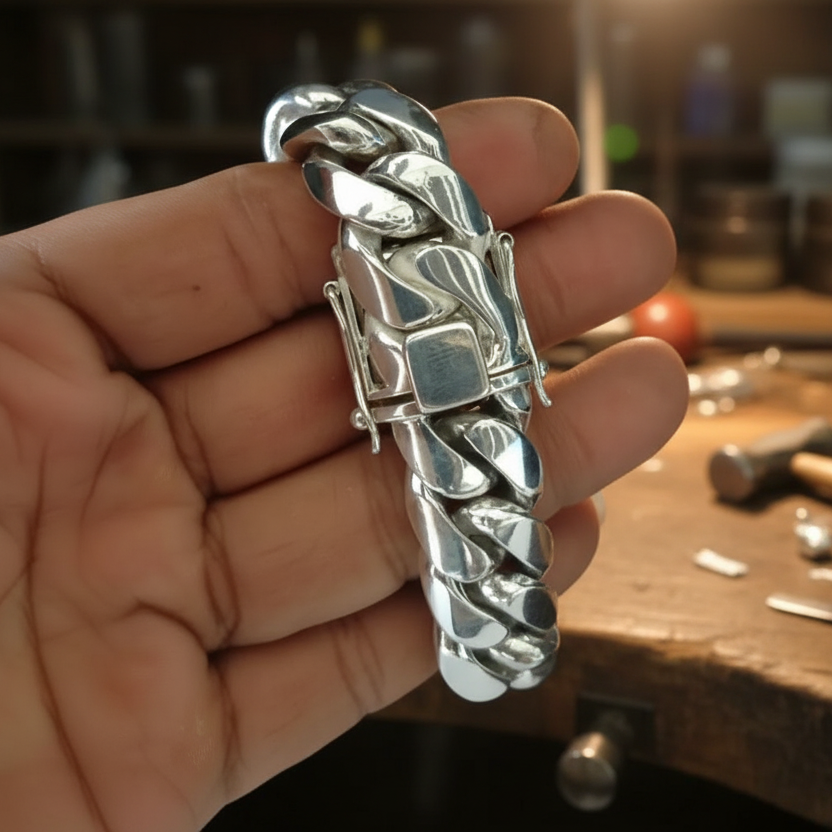 Box Clasp 925 Sterling Silver Curb Link Bracelet Men's