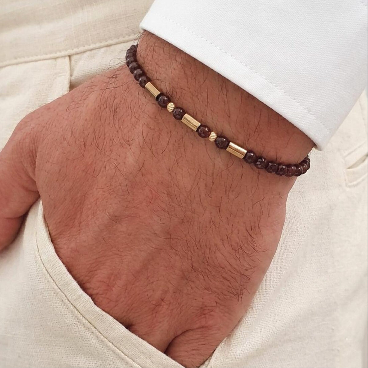 14k Solid Gold Beaded Garnet Birthstone Macrame Bracelet For Men