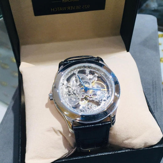 Mens 925 Silver Automatic Watch -black leather-watch