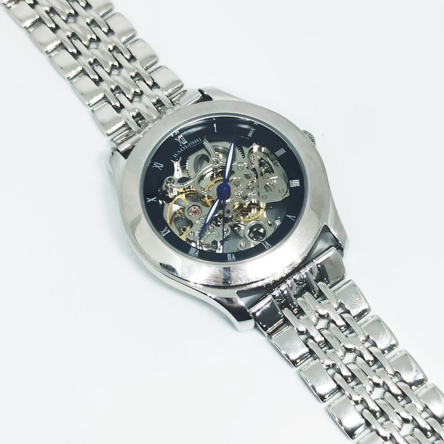 Men's Silver Chrome Black Automatic Mechanical Wrist Watch