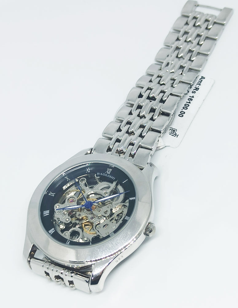 Men's Silver Chrome Black Automatic Mechanical Wrist Watch