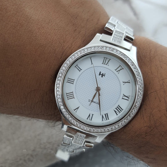 Pure Silver Automatic Men's Round Watch with Cubic Zirconia, Smart Watch White Face, Anniversary Gift for Him, Silver Luxury Watch for Men